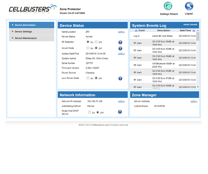 Zone Protector™ - Web Interface - Device Information