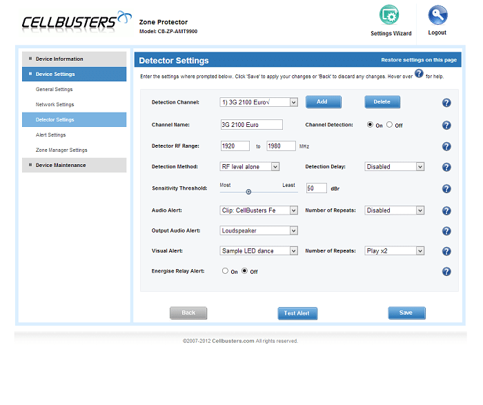 Zone Protector™ - Web Interface - Detector Settings